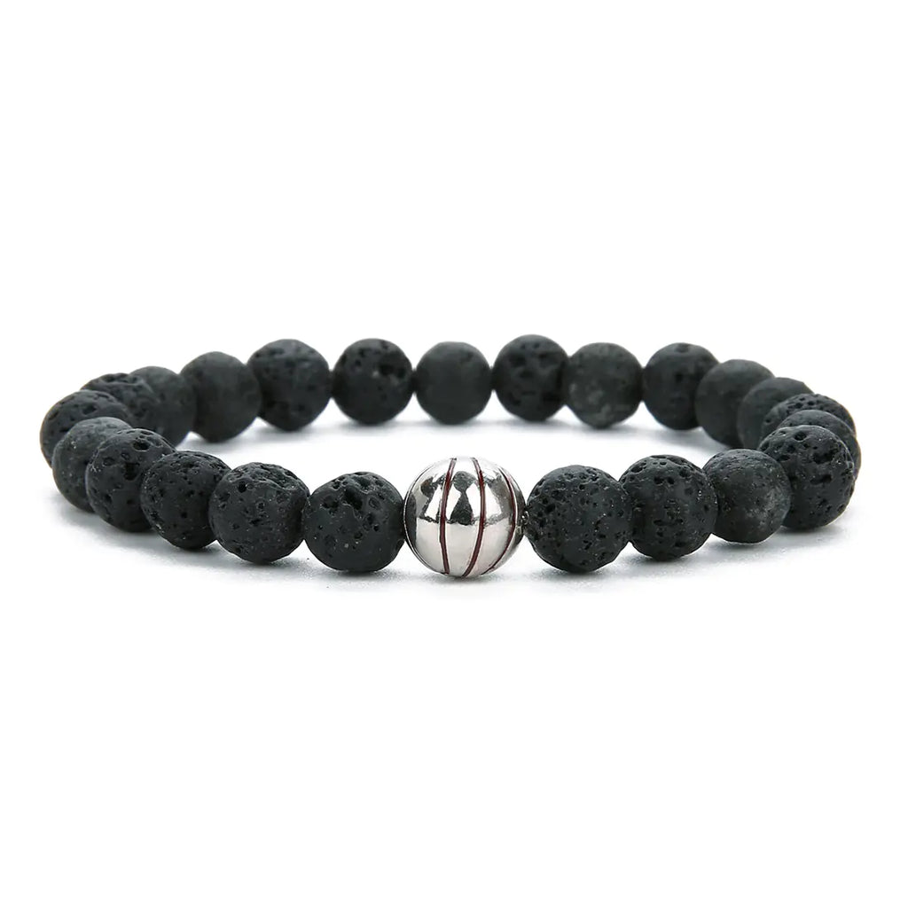 White Stone Basketball Bead Bracelet with Lava Stone