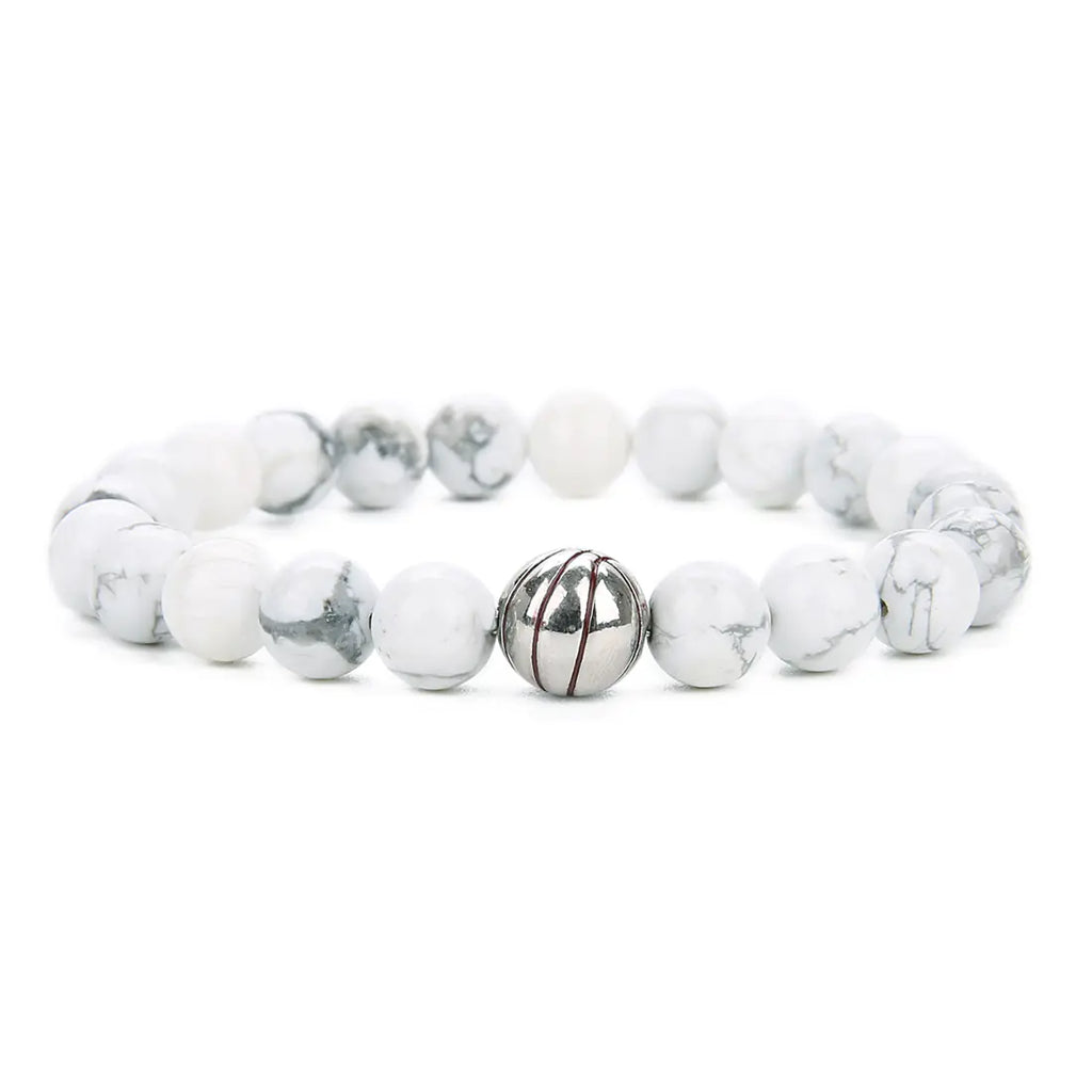 White Stone Basketball Bead Bracelet with Lava Stone